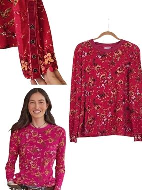 Sundance Loretta Floral Waffle Knit Thermal Top XL Velvet Cuff Boho Long Sleeve